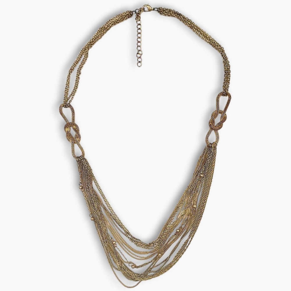 Y2K 80s Gold Multi Strand Bib Necklace Infinity Knot Layered Statement Chain